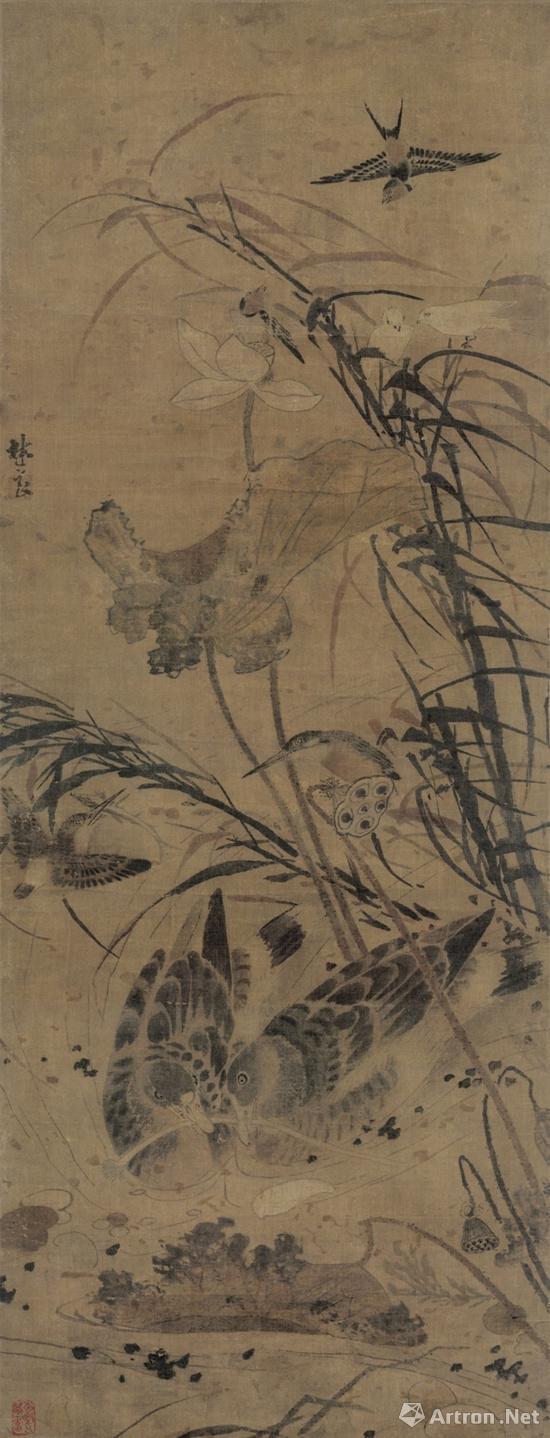 明 林良 《荷塘集禽圖》 絹本設(shè)色 縱152.7厘米，橫56.5cm 天津博物館藏