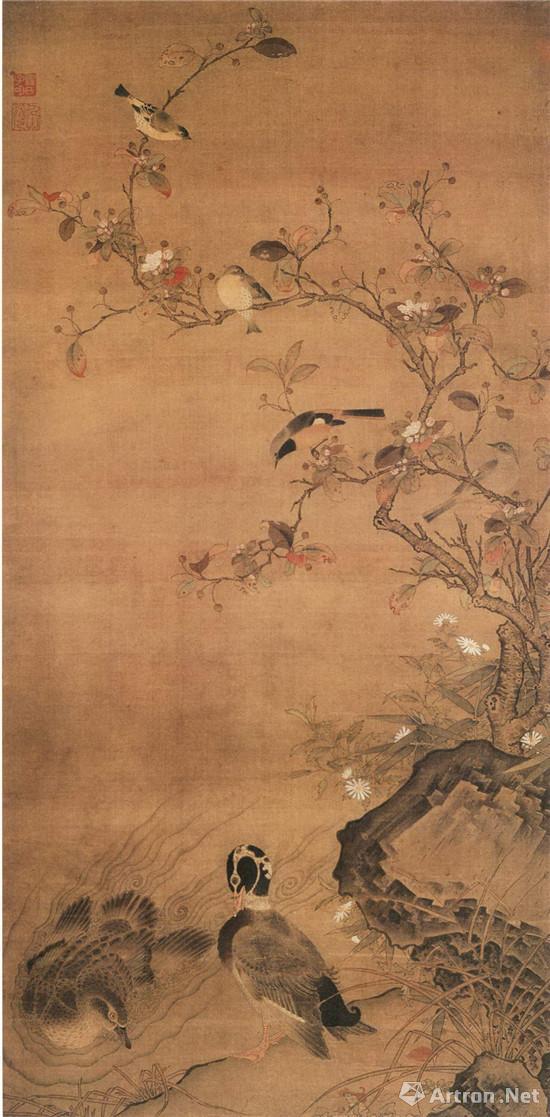 元 任仁发 《秋水凫鹜图 》绢本设色 纵114.3厘米，横57.2厘米 上海博物馆藏