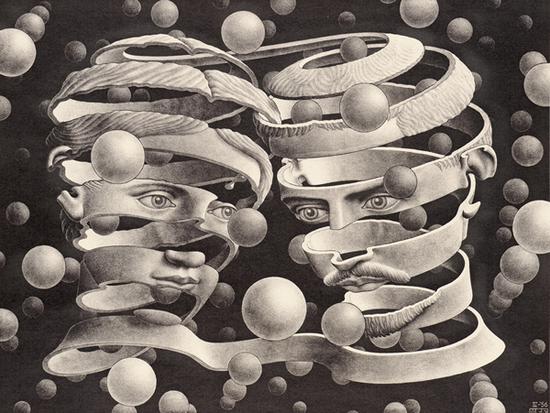 艾雪（Maurits Cornelis Escher， 1898-1972）〈天长地久不相离〉（Bond of Union， 1956）