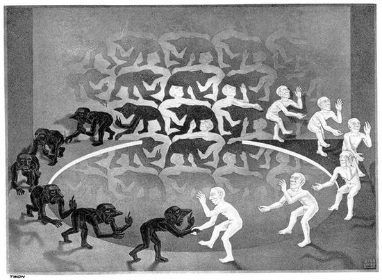 艾雪（Maurits Cornelis Escher, 1898-1972）〈遭遇〉（Encounter, 1944）
