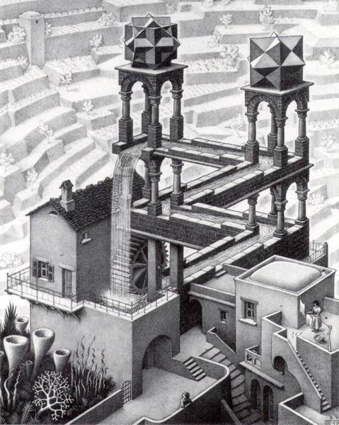 艾雪（Maurits Cornelis Escher, 1898-1972）〈瀑布〉（Waterfall, 1961）
