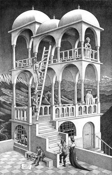 艾雪（Maurits Cornelis Escher, 1898-1972）〈了望台〉（Belvedere, 1958）