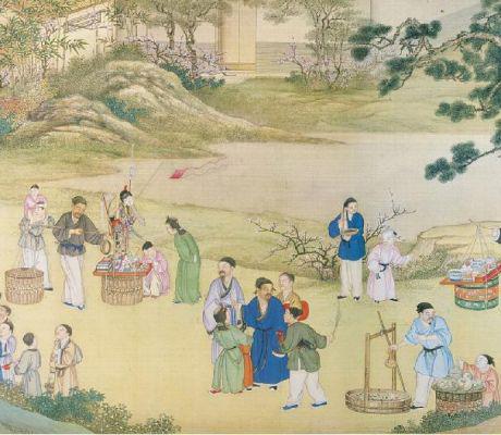 清 丁观鹏 《太平春市图》局部,表现了当时置办年货的场景