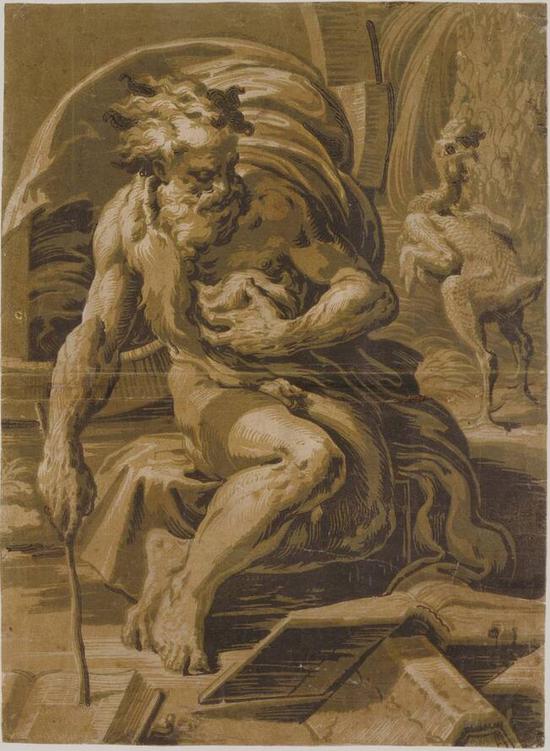 ▲卡普里《迪奥根尼与母鸡》（Diogenes， seated before his barrel， readingfrom a book， a plucked hen standing behind him at right），1520-30。
