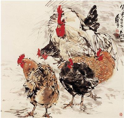 　　现代 黄胄 五鸡 64×66cm 1983年 纸本