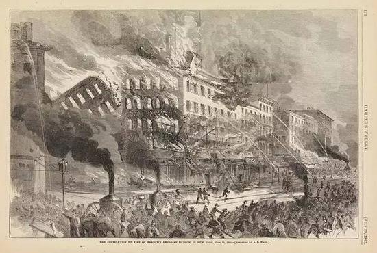 Alfred R。 Waud。 “The Destruction By Fire Of Barnum’s American Museum， In New York， July 13， 1865，” 1865。 FromHarper’s Weekly， July 29， 1865。 Collection of David Jaffee。 Photographer Bruce White。