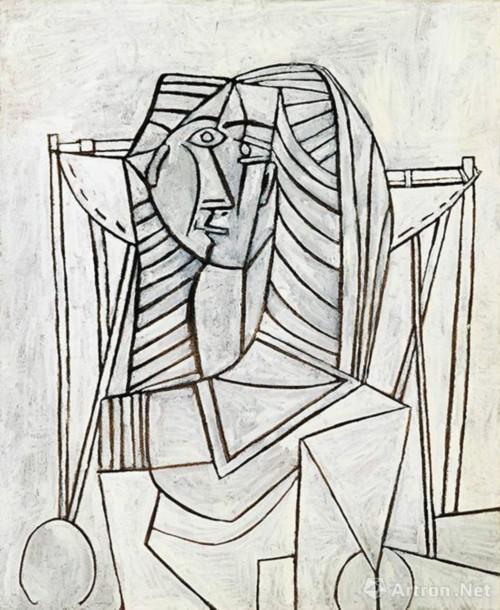 巴布罗 · 毕加索 （Pablo Picasso） 《白色背景扶手椅上的女子坐像》 油彩画板