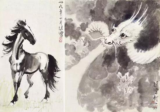 徐悲鸿（1895-1953） 龙马精神 1940年作 设色纸本 镜心 ①31×26.5cm ②32.5×18cm估价：RMB 1，080，000-1，320，000 来源：新加坡藏家旧藏 