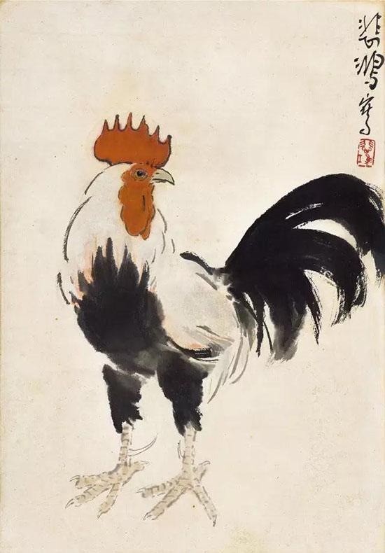 徐悲鸿（1895-1953） 雄鸡 设色纸本 镜心 39×20cm　估价：RMB 300，000-360，000 来源：新加坡藏家旧藏 