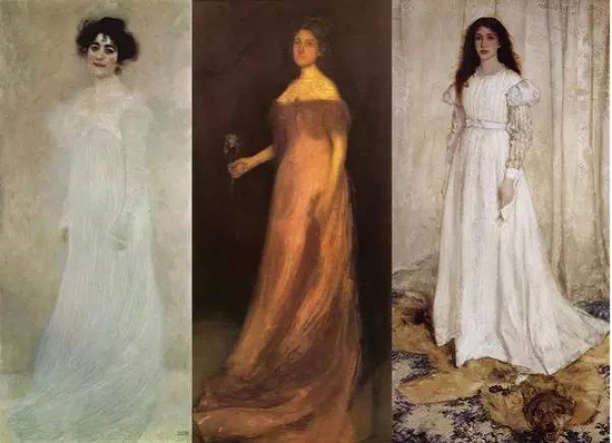 《Serena Lederer像》， 克林姆特，1899年；《玫瑰红和绿色：Kinsella小姐》， 惠斯勒，1894年；《白色交响曲一号》， 惠斯勒，1862年（从左到右）。