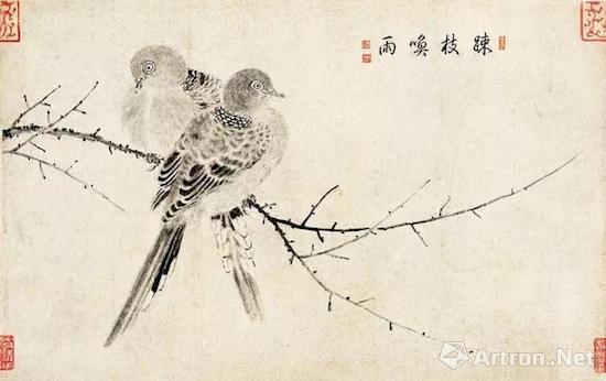 宋徽宗赵佶《写生珍禽图卷》第九段:踈枝唤雨