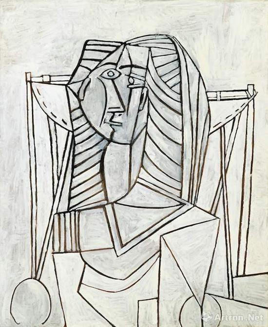 《白色背景扶手椅上的女子坐像》  布面油画  100.5X81CM  1953年3月25日作