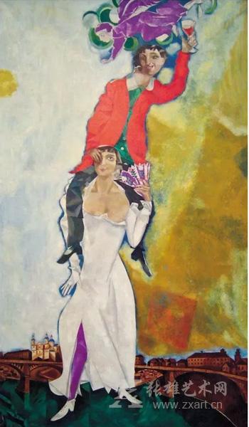 马克·夏加尔 《高举酒杯的双人像》 235×137cm 布面油画