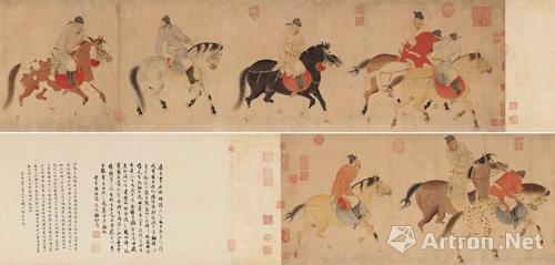 元代 任仁发《五王醉归图卷》,手卷,设色纸本,北京保利2016 秋季拍卖会,成交价3.036 亿元。