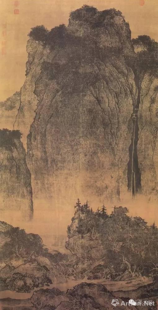 《溪岸图》五代董源 绢本,设色,纵:221.5cm,横:110cm