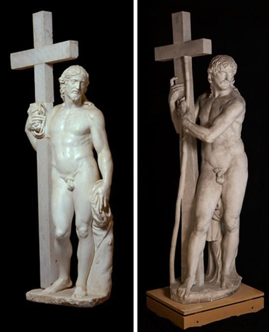 左：米开朗基罗（佚名17世纪艺术家完成），基督复活，1514-1515；右：约1897年复制的米开朗基罗1519年（第二版本）的基督复活
