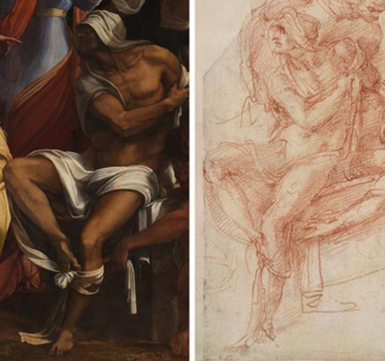 左：塞巴斯蒂亚诺（米开朗基罗合作），拉撒路的复活（局部）；右：米开朗基罗绘制的草图