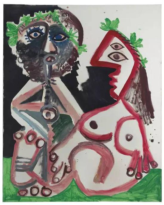 上图：毕加索画作“Joueur de flute et femme nue” （1970）
