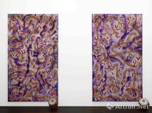 NS Harsha�� Distress Call from Saturn��s Neighborhood�� 2011 ��left���� Distress Call from Jupiter��s Neighborhood�� 2011 ��right�� Acrylic on canvas and gold foil on processed leather�� wood ��musical instrument���� Each�� 290 x 168 x 4 cm�� 114 1/8 x 66 1/8 x 1 5/8 in
