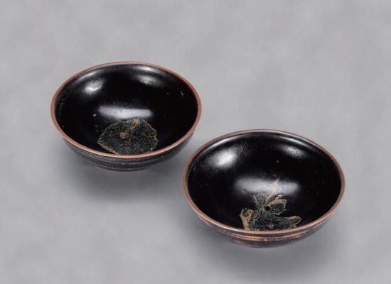 宋 吉州窑 黑釉木叶茶盏 (一对)