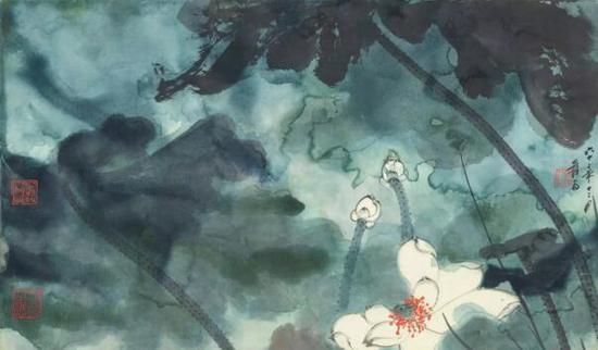 张大千（1899-1983）泼彩白莲

　镜心 设色纸本

　1973年作　49 × 80 cm