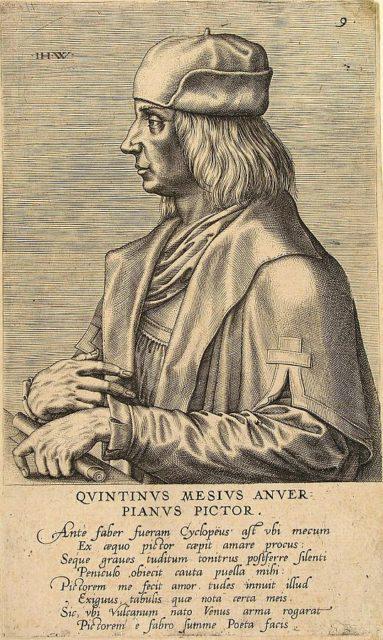 Jan Wierix的版画,画中人就是Quentin Matsys,上面还有Dominicus Lampsonius的诗。诗中提到的了Matsys追求的女孩,她喜欢“画笔的安静和铁锤敲打的声音”。
