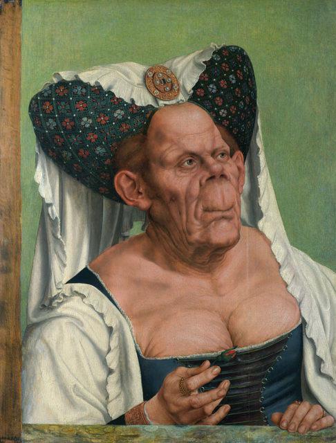 《丑陋的女伯爵》。画中人穿着年轻时期的贵族头饰，当时已经过时了。她手中还没开放的花蕾表示她在勾引别人，但没有成功。这幅画是油画，画在一块橡木板上，大小是62.4x45.5厘米。