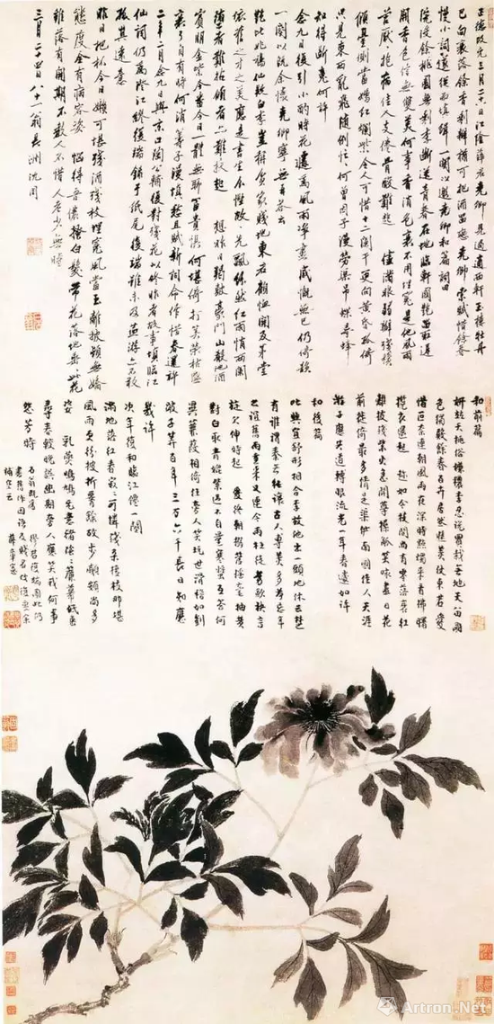 明 沈周《牡丹图》国色天香 花鸟画立轴