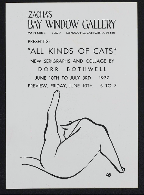 Dorr Bothwell, “All Kinds of Cats"展览公告。加州Mendocino Zacha'sBay Window画廊(1977)。图片：致谢 the Archives of American Art, Smithsonian Institution