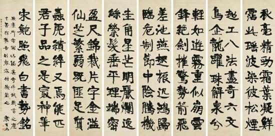 康有为 行书鲍照《飞白书势铭》八屏
纸本立轴
展览:“广东文物展览会”,香港大学冯平山图书馆,1940年。
238×57.5cm×8