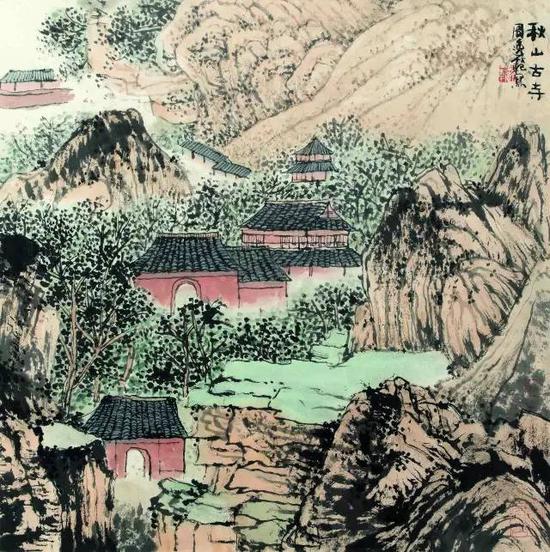 《秋山古寺》 周逸范 国画52cm×52cm