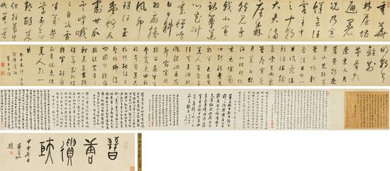 LOT 1936 董其昌 行书唐诗两首
1613年作 绫本手卷
引首27×93cm；本幅26×489cm；题跋26×31cm；31×230cm