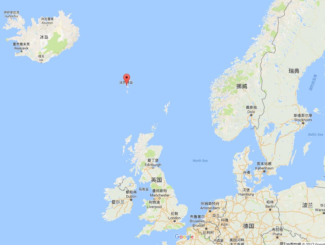 法罗群岛位置(图中红点处,谷歌地图截图)