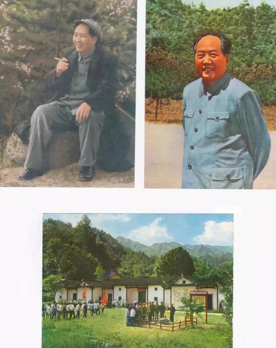 左上图：1965年毛泽东回到井冈山坐在读书石上留影 右上图：敬爱的伟大领袖毛主席1965年重上井冈山 下图：1927年10月24日，毛主席率领部队来到井冈山大井。毛主席曾多次住在这栋民房里，并经常坐在门前的石头上看书和批阅文件。