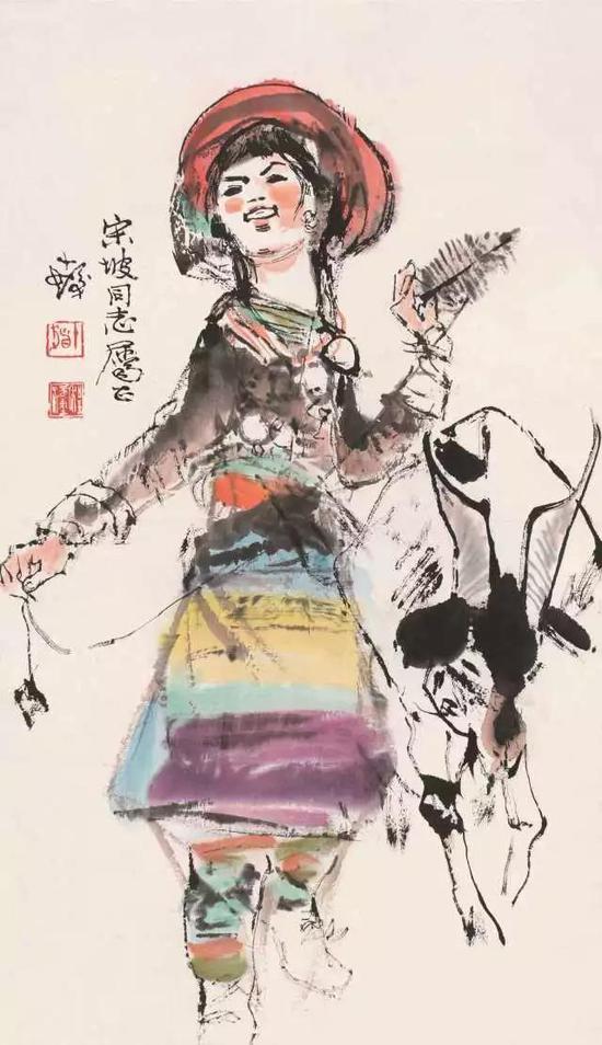 146  程十髮（1921-2007） 少女牧牛图 设色纸本 立轴 题识：宋坡同志属正，十髮。 钤印：十髮、程潼 68×39cm?约2.4平尺 RMB： 80，000-120，000