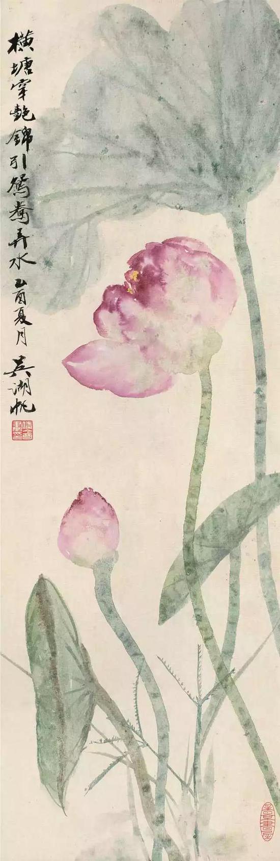 174   吴湖帆（1894-1968） 横塘碧荷 设色纸本 镜片 乙酉 1945年作 题识：横塘穿艳锦，引鸳鸯弄水。乙酉夏月，吴湖帆。 钤印：倩盦画印、梅景书屋 65.5×21cm?约1.2平尺 RMB： 50，000-80，000