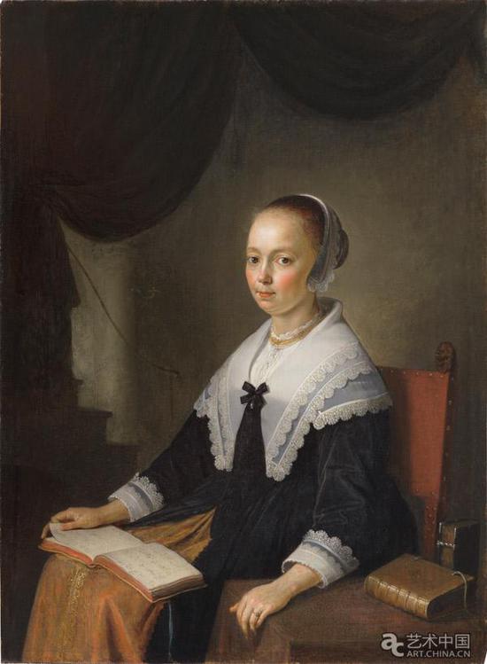 格里特·德奥 (1613-1675) 《膝上有乐谱的女士肖像》1640-44年 木板油画 27.2×20厘米