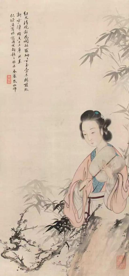 172   朱梅邨（1911-1993）?暗香清韵 设色绢本?立轴?癸未?1943年作 释文：红儿清晓报花开，妆罢珊珊下玉台。未揭紫丝新步障，暗香已上鼻尖来。偶读眉翁诗，戏用其韵题之。癸未春暮，朱梅邨。 钤印：朱梅邨 65×30cm?约1.8平尺 RMB： 38，000-58，000