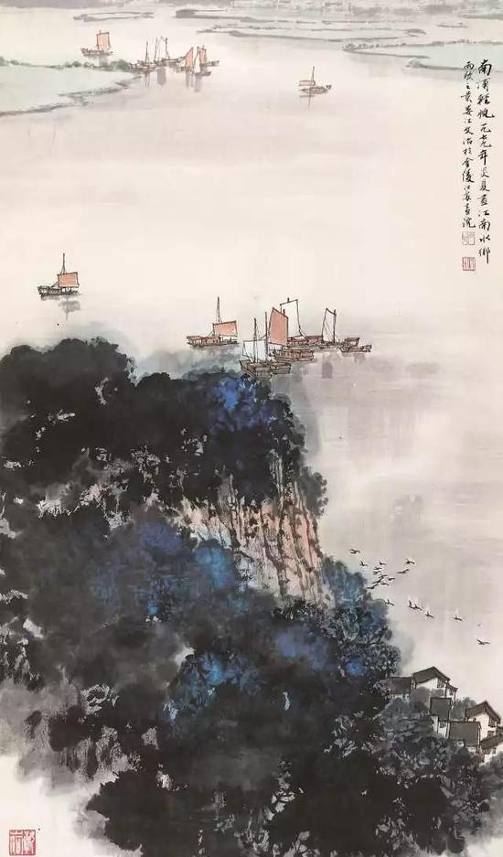 249  宋文治（1919-1999）南浦轻帆 设色纸本?立轴?1979年作 题识：南浦轻帆。一九七九年炎夏画江南水乡雨歇之景，娄江文治於金陵江苏画院。 钤印：文治、宋灏、好山河 97.5×56.5cm?约5.0平尺 RMB： 300，000-500，000