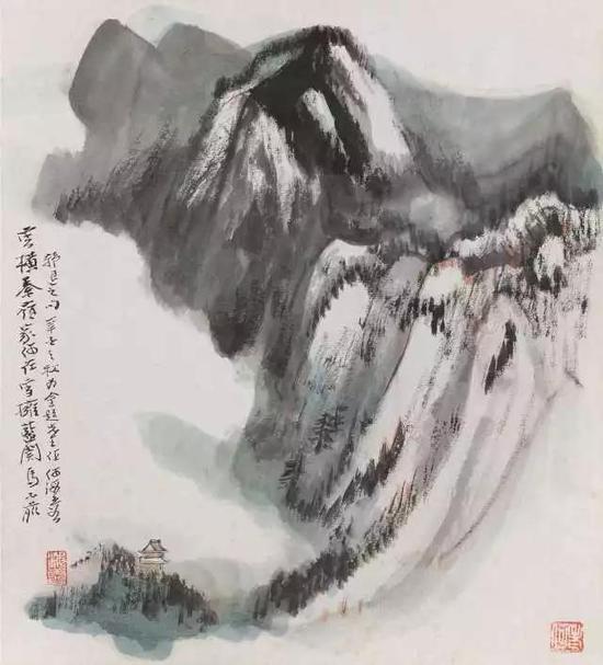 158   何海霞（1908-1998） 云横秦岭 设色纸本 镜框 辛酉 1981年作 题识：云横秦岭家何在，雪拥蓝关马不前。韩退之句，辛酉之秋，为金题先生作，何海霞。 钤印：海霞、老何 26×23cm?约0.5平尺 RMB： 68，000-98，000