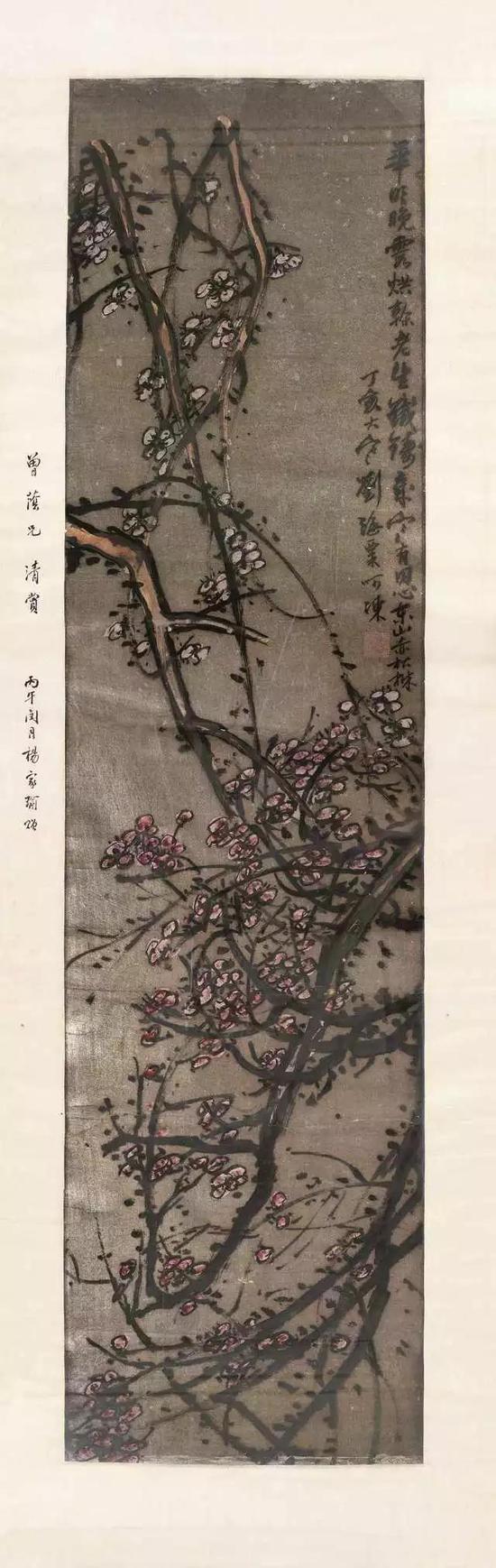 294  刘海粟(1896-1994)?梅花

设色银笺?镜框?丁亥?1947年作

题识：花明晚霞烘,干老生铁铸。岁寒有同心,空山赤松树。丁亥大寒，刘海粟呵冻。

钤印：刘海粟印

149×48cm?约6.4平尺

RMB: 60,000-90,000