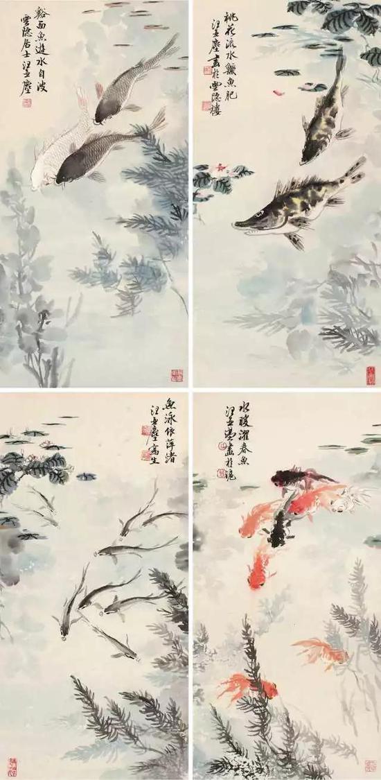 325   汪亚尘(1894-1983)?游鱼四屏

设色纸本?镜片?

题识：1、桃花流水鳜鱼肥，汪亚尘画於云隐楼。钤印：云隐楼、汪亚尘书画记

2、溪面鱼游水自波。云隐居士汪亚尘。钤印：亚尘长寿、静虚室主

3、水暖濯春鱼。汪亚尘画於沪。 钤印：汪、云隐楼

4、鱼泳依萍渚。汪亚尘写生。 钤印：亚尘、云隐廔

67×32.5×4cm?每幅约2.0平尺

RMB: 80,000-120,000