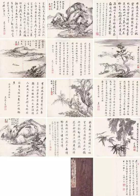 598   王?宸（1720-1797）?山水书法册
　　水墨纸本?册页?
　　题识：一、水远无波，天长一色，群山皎洁，行客萧条……化无方，莫之能穷。蔡京以庸医误国为士林所摈……学者盖不以文公为法。钤印：蓬心翰墨
　　二、山水未深鱼鸟少，此生还拟重移居。柳东王宸画。钤印：王宸、柳东
　　三、襄启，入春以来，属少人便，不得驰书上问……正月十八日公琸仁弟足下。
　　四、手挥五弦目送飞鸿，宸。钤印：王宸
　　五、上有黄庭下关元，後有幽阙前命门……系子长流心安宁，灵，闲暇无事修太平。癸卯长夏，蓬心王宸临。钤印：王宸、柳东
　　六、秋水才深四五尺，夜航却受两三人。写少陵诗意，时癸卯长夏蓬心老樵。钤印：蓬心
　　七、左倚采旄，右荫桂旗。壤皓腕於神浒兮……收和颜以静志兮，申礼防以自持。临董文敏二帖，蓬心。钤印：王宸书画、蓬心
　　八、木石幽篁本同齅味也，以老樵枯笔为之殊称。柳东生。钤印：王宸、柳东
　　九、寒谷夜将晨，置赏复寻真。方坛垂密叶，澈水渡朱鳞……当知胜地远，於此绝嚣尘。临华阳隐居帖。蓬樵王宸。钤印：王宸书画、蓬心
　　十、昨宵一夜芭蕉雨，添得书窗几片云。老蓬。钤印：王宸书画、蓬心
　　十一、欲寻轩槛列清樽，江上烟云向晚昏……明知花月无情物，若使多情更可怜。蔡公书法真有六朝唐人风粹，然如琢玉米老，虽追从晋人绝轨，其气象怒张如子路，未见夫子时难与比伦也，辛亥三月九日倪瓒题。癸卯夏六月临，柳东居士。钤印：王宸、柳东
　　十二、青溪道人仿太痴乃有此意余则未能也。蓬樵识。钤印：王宸
　　十三、蓬心太守乃云间麓台先生之孙也。字法钟王，画宗唐宋，自是一代巨手，惜乎遗迹罕传，今得诸於市肆中，见其笔力苍劲，故以十緍购置案头，朝夕临摹，亦师古之一助云。小鸿手记。钤印：小鸿爪印、洞庭席湖
　　25×30cm×12?每幅约0.7平尺
　　RMB： 180，000-280，000