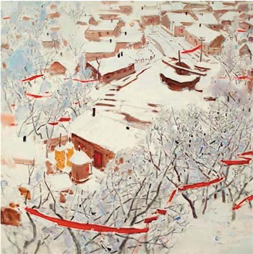 毛岱宗《山村除夕》150×150cm,2017年