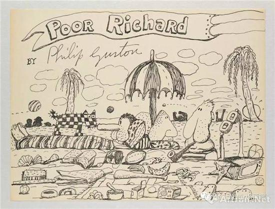 菲利普·加斯顿（Philip Guston），《无题（可怜的理查德系列）》（Untitled，（Poor Richard）），1971，纸 墨水，26.7 x 35.2 厘米 / 10 1/2 x 13 7/8 英寸。摄影：Genevieve Hanson，? 菲利普·加斯顿资产，图片：菲利普·加斯顿资产 豪瑟沃斯