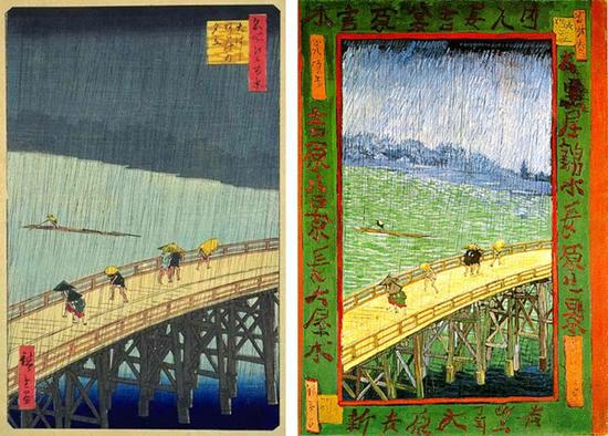 梵高（右）临摹歌川广重作品《名所江户百景：大桥安宅遇雨》。图片来源：左图来自《日本美术之最：东京、九州岛国立博物馆精品展》图录页319，右图来自Wikiart