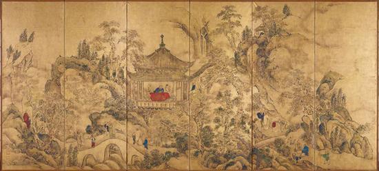 池大雅，《楼閣山水図屏風》。图片来源，东京国立博物馆官网，典藏号A-10430
