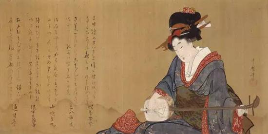 《弹奏三味线的美人图》,江戸时代(1804-1806年左右),喜多川歌麿
