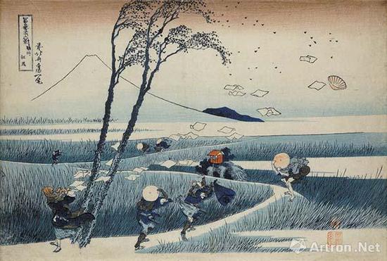 富岳三十六景之骏州江尻，葛饰北斋，木版画，1831年