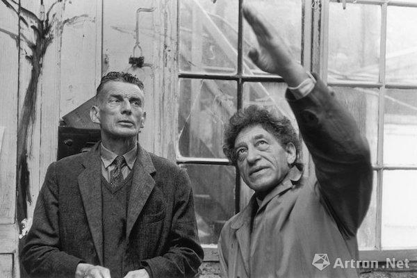 贾科梅蒂与贝克特在贾科梅蒂工作室,1961年,摄影:乔治·皮埃尔(Georges Pierre)